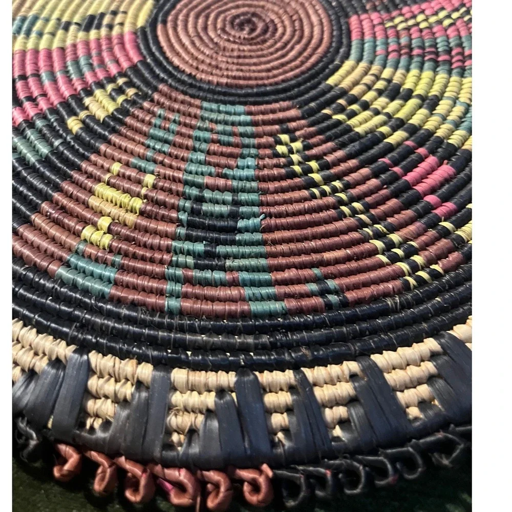 Vtg African Coiled Flat Baskets Set 4 Mismatched Geometric‎ Boho Trays Placemats